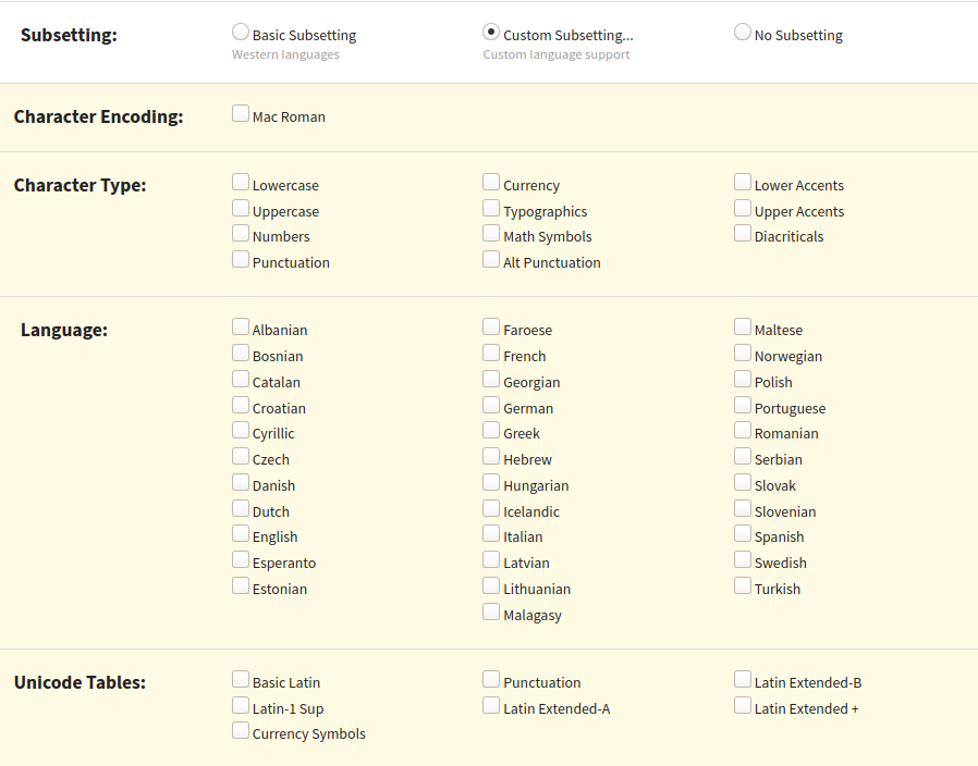 Screenshot of Font Squirrel custom subsetting options, which do not contain Japanese